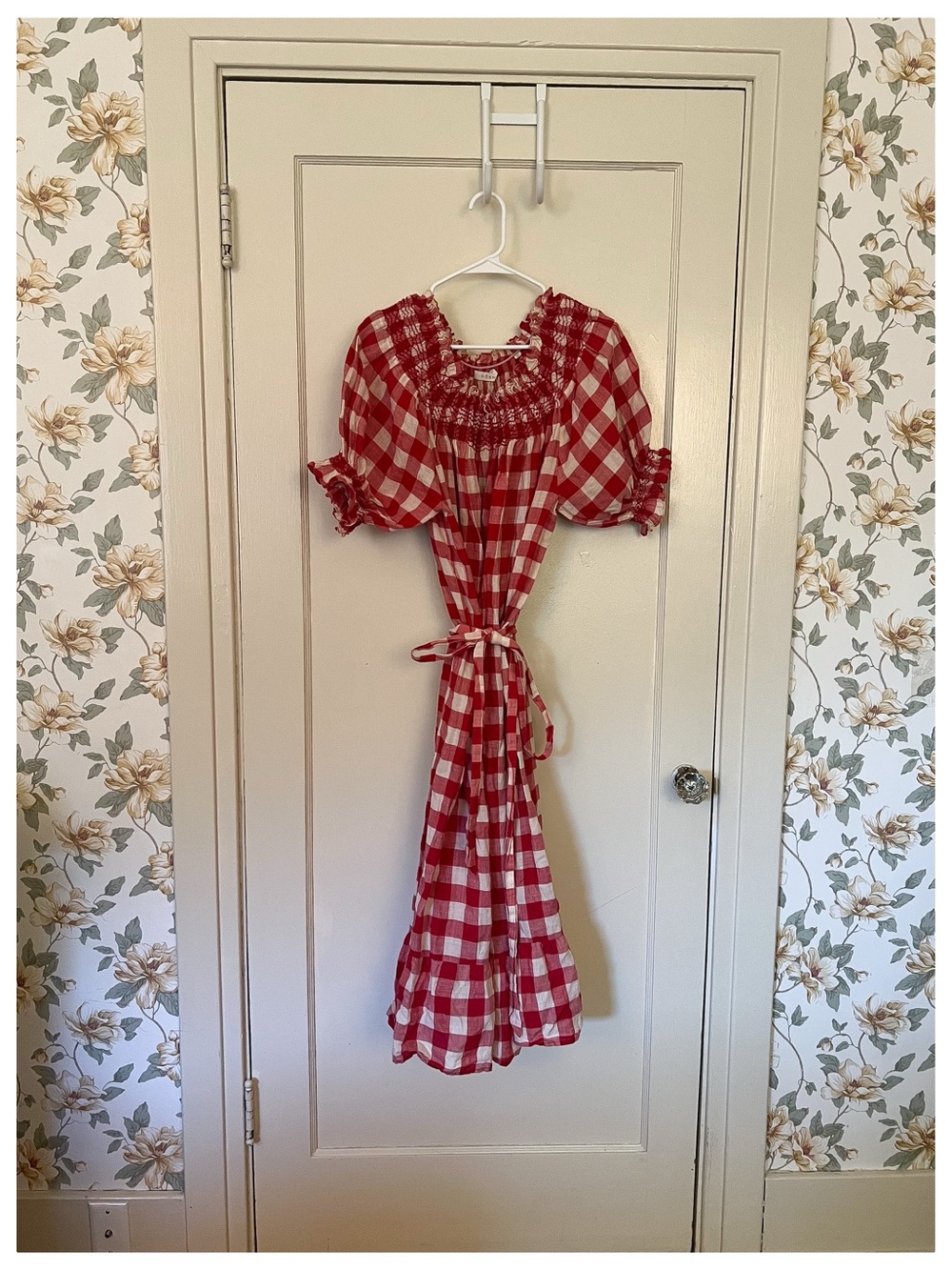 Doen Red & White Gingham Puff-Sleeve Midi Dress with Waist Tie